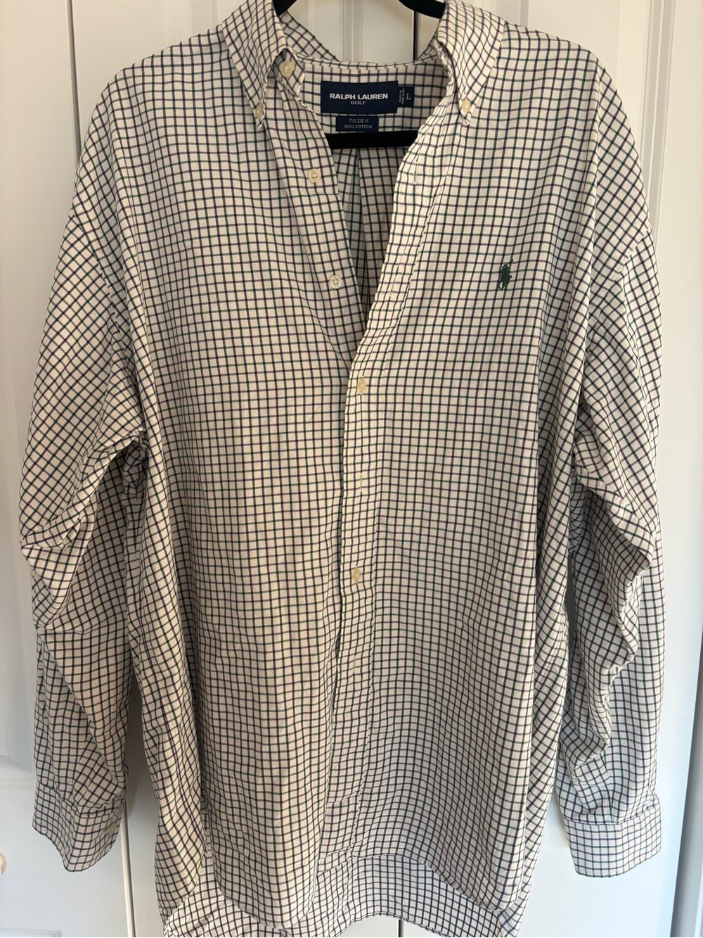 Ralph Lauren Golf Tilden Men’s L Button Down Shirt 100% Cotton Plaid Check Pony